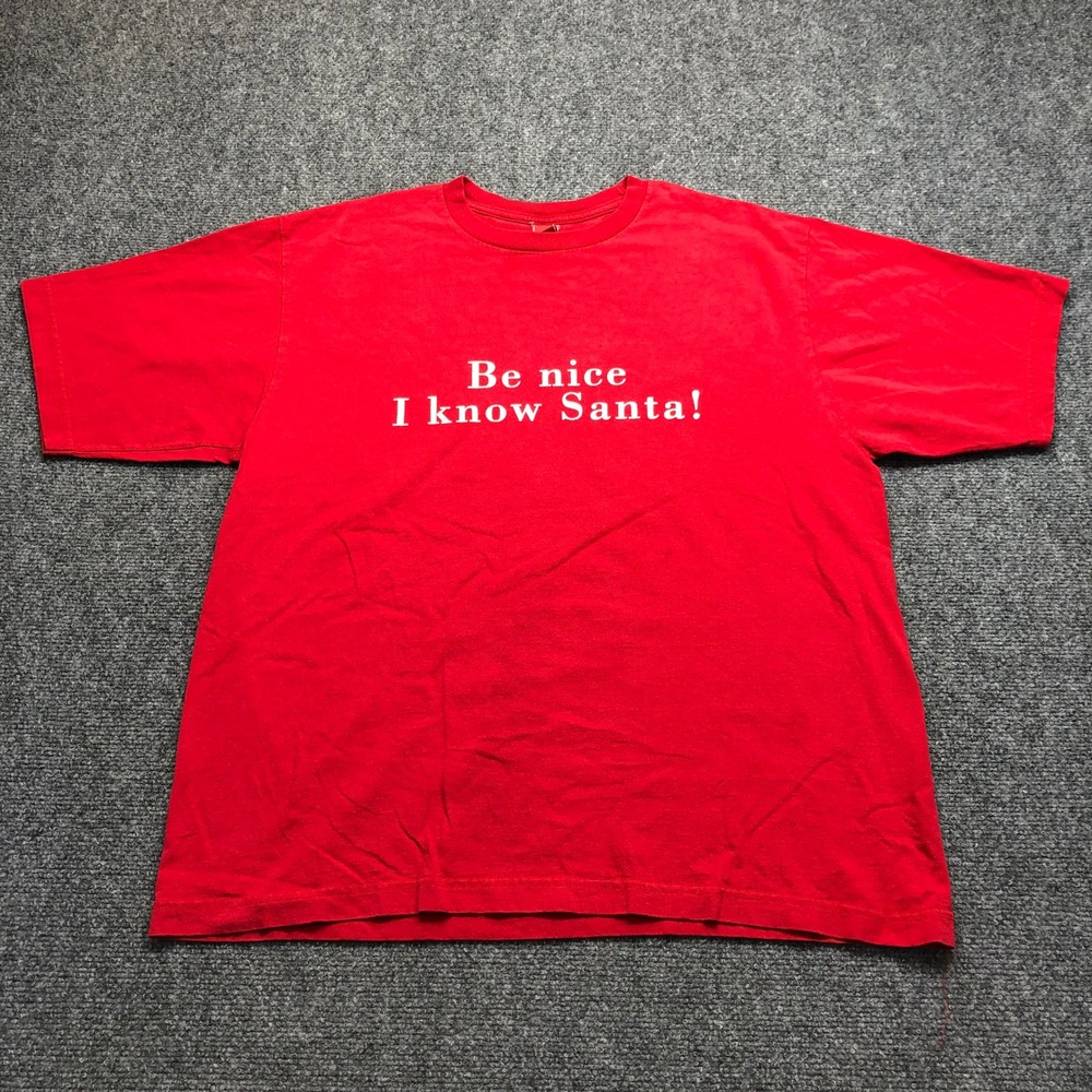 Mens Red Be Nice I Know Santa Graphic T-Shirt Large Christmas Holiday Tee